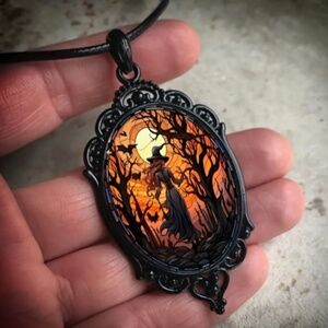 NWT! Retro Gothic Witch Pendant with 45cm Black Cord Necklace w 5 cm Extender!